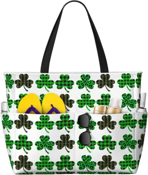 Luck Shamrock Pattern Print 28L Beach Tote Bag, Water-resistant Travel Tote, Lightweight Gym & Camping Carryall