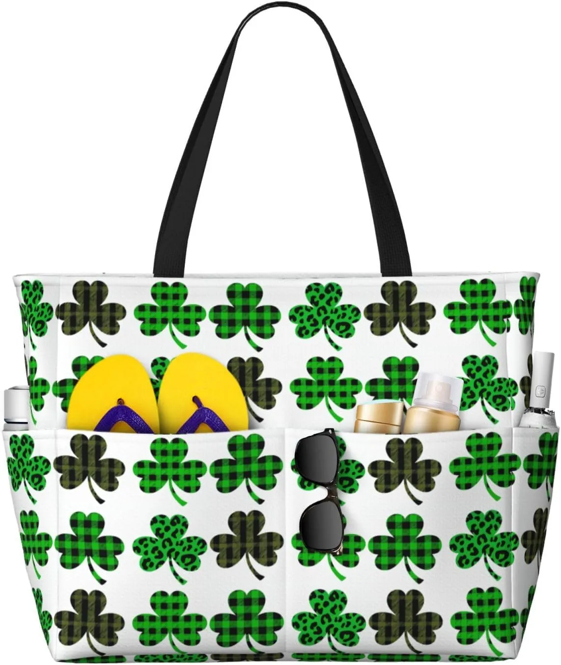 Luck Shamrock Pattern Print 28L Beach Tote Bag, Water-resistant Travel Tote, Lightweight Gym & Camping Carryall