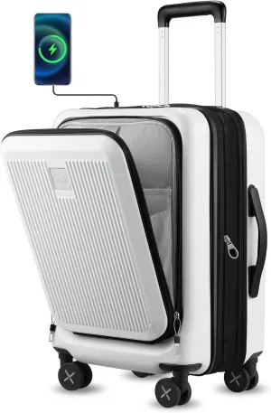LUGGEX Carry on Luggage 22x14x9 Airline Approved, Expandable PC Hard Shell Suitcase with Front Pocket, Luggage with USB Port (White, 20 Inch, 37L)