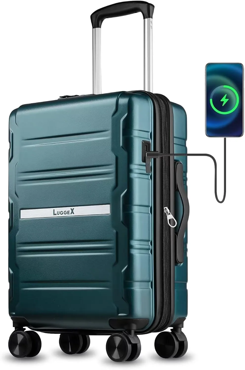 LUGGEX Carry on Luggage Airline Approved, Polycarbonate Hard Shell Suitcase, Expandable Luggage with Charger Port (Teal, 20 Inch, 30.7L)