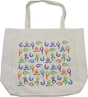 Lunarable Boho Shopping Bag, Folk Themed Modern Concept Pattern Human Body Symbols Exercise Fitness Concentration, Eco-Friendly Reusable Bag for Groceries Beach and More, 15.5" X 14.5", Multicolor