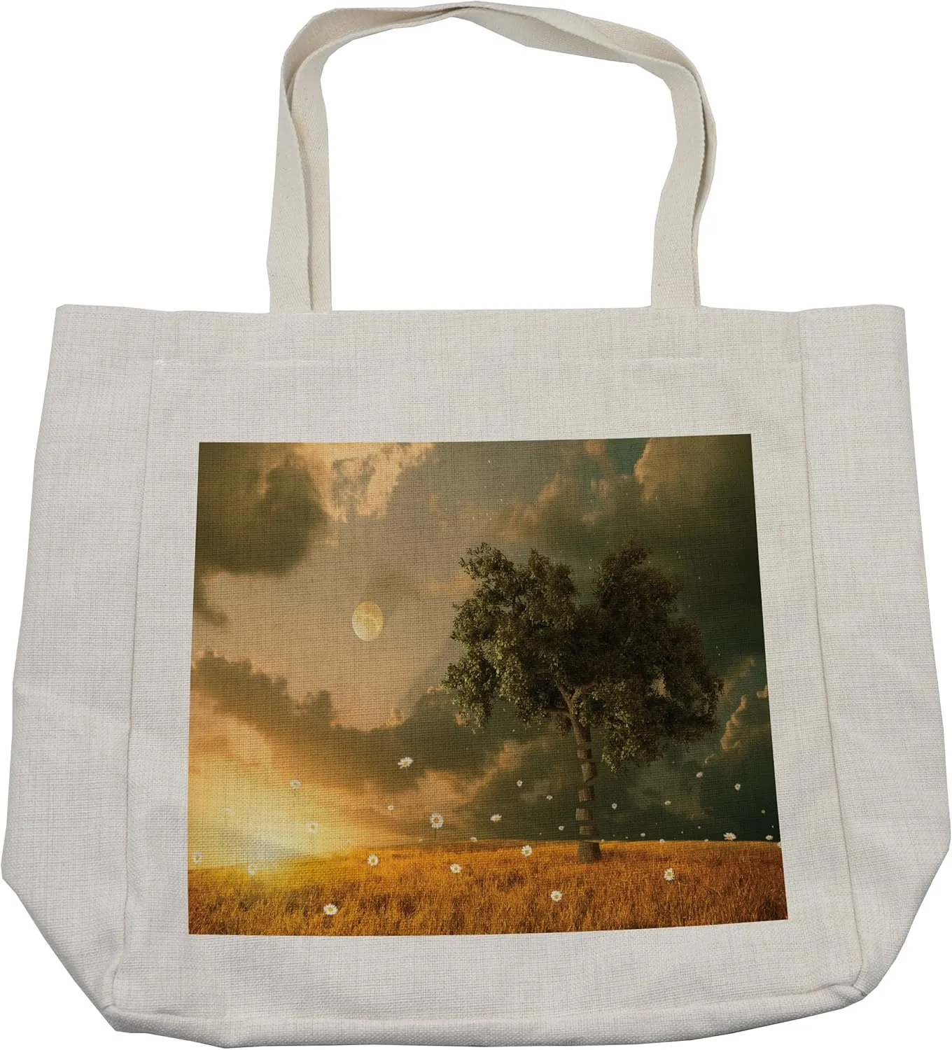 Lunarable Fantasy Shopping Bag, Unreal View with Land Flying Flowers Tree Moon Dark Clouds and Setting Sun, Eco-Friendly Reusable Bag for Groceries Beach and More, 15.5" X 14.5", Cream