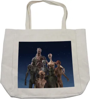Lunarable Outer Space Shopping Bag, Alien Group Race Diverse Creatures Under a Starry Night Martian Family Image, Eco-Friendly Reusable Bag for Groceries Beach and More, 15.5" X 14.5", Cream