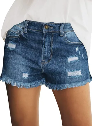 luvamia Women's Casual Mid Rise Denim Shorts Stretch Ripped Raw Hem Jean Shorts