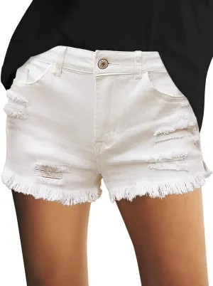 luvamia Women's Casual Mid Rise Denim Shorts Stretch Ripped Raw Hem Jean Shorts