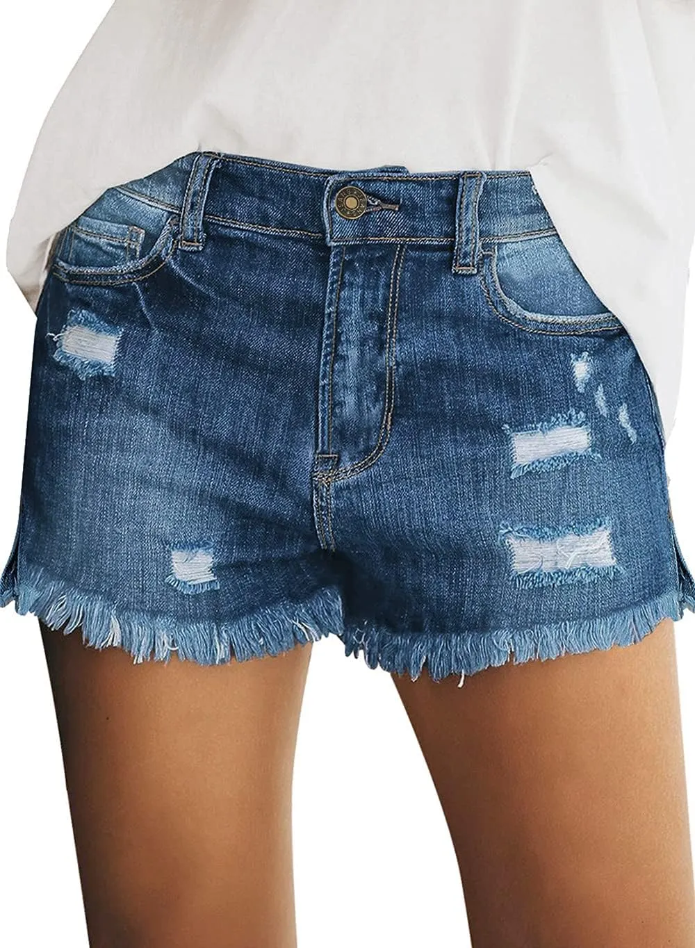 luvamia Women's Casual Mid Rise Denim Shorts Stretch Ripped Raw Hem Jean Shorts