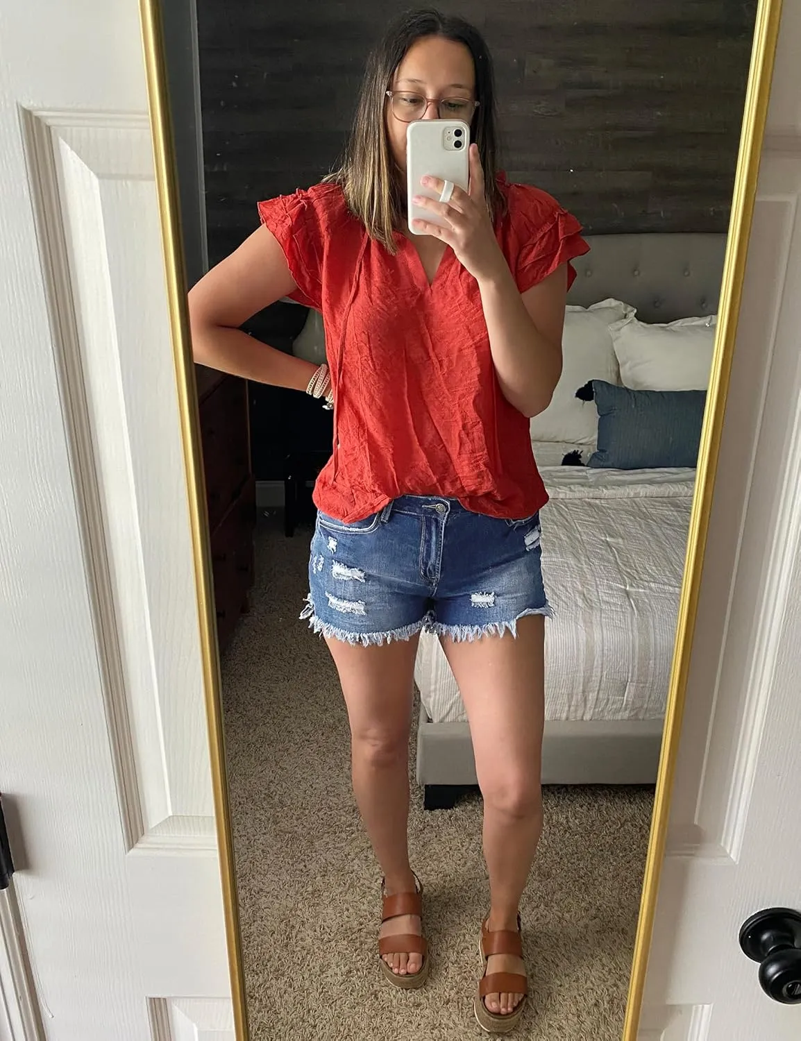 luvamia Women's Casual Mid Rise Denim Shorts Stretch Ripped Raw Hem Jean Shorts