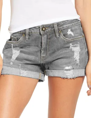 luvamia Women's Ripped Denim Jean Shorts High Waisted Stretchy Folded Hem Short Jeans