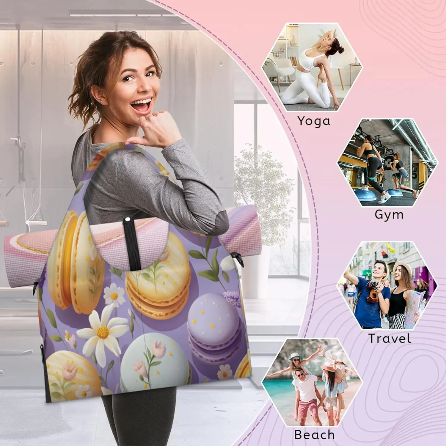 Macaron Floral Delight Waterproof Gym Bag for Men Women, Sports Duffel Bag with Shoe Compartment Yoga Mat Holder, Portable Large Travel Bag for Fitness, Camping, Weekend Trips