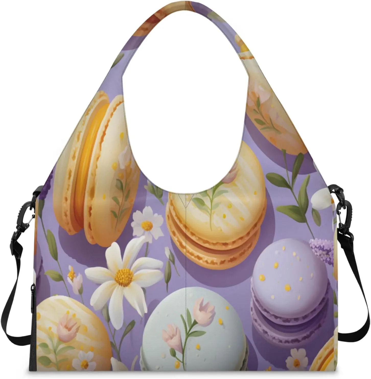 Macaron Floral Delight Waterproof Gym Bag for Men Women, Sports Duffel Bag with Shoe Compartment Yoga Mat Holder, Portable Large Travel Bag for Fitness, Camping, Weekend Trips