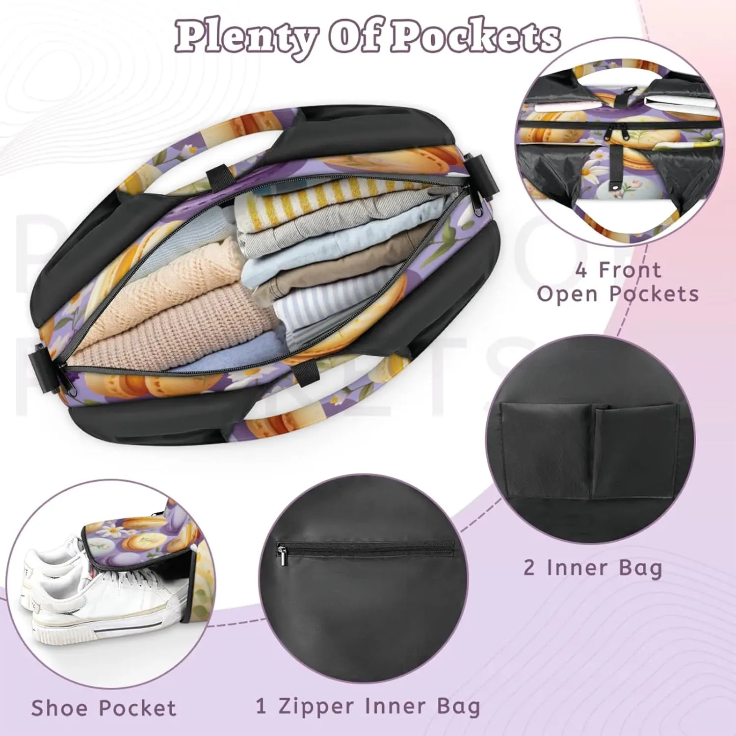 Macaron Floral Delight Waterproof Gym Bag for Men Women, Sports Duffel Bag with Shoe Compartment Yoga Mat Holder, Portable Large Travel Bag for Fitness, Camping, Weekend Trips
