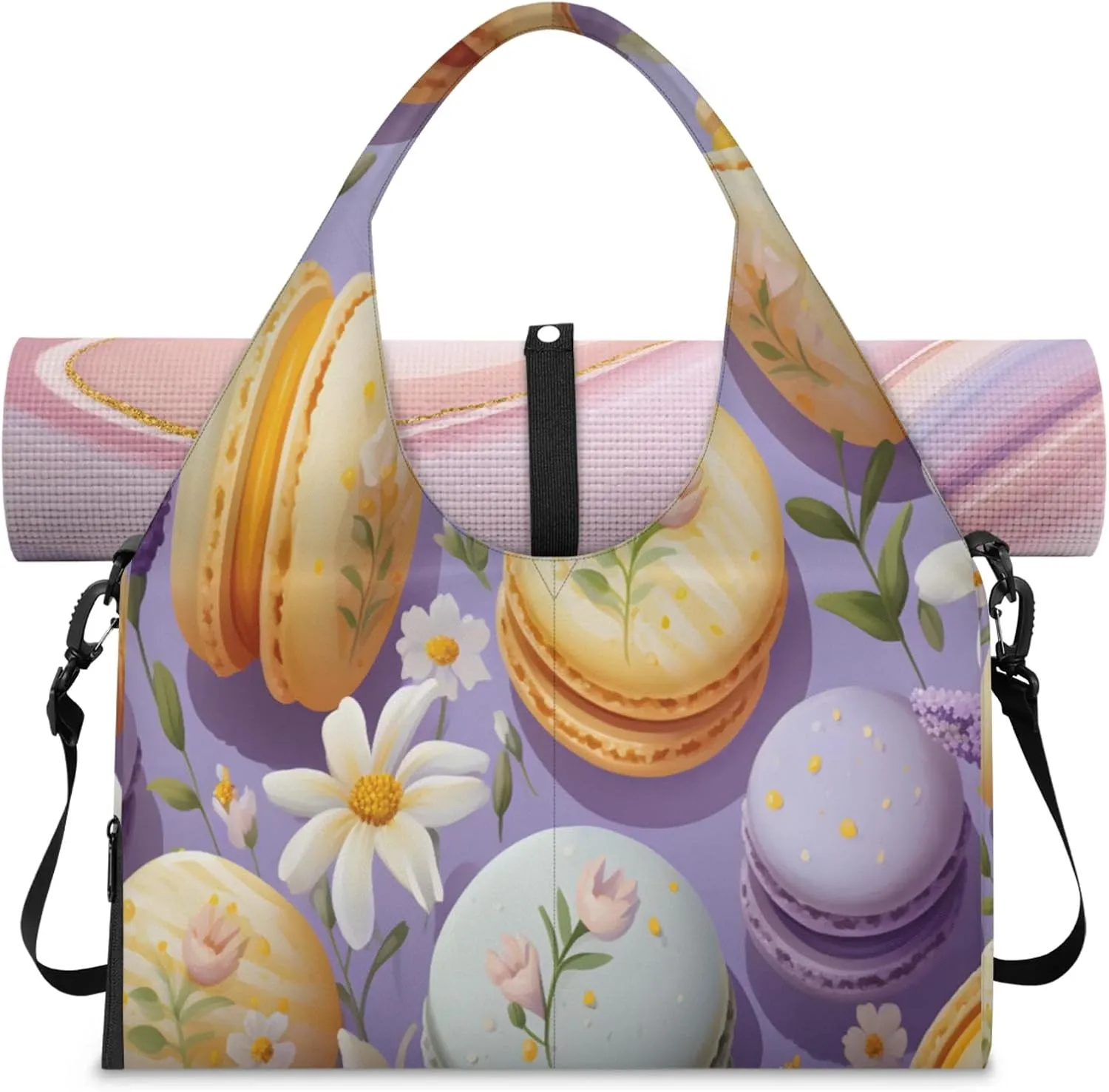Macaron Floral Delight Waterproof Gym Bag for Men Women, Sports Duffel Bag with Shoe Compartment Yoga Mat Holder, Portable Large Travel Bag for Fitness, Camping, Weekend Trips