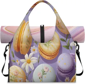 Macaron Floral Delight Waterproof Gym Bag for Men Women, Sports Duffel Bag with Shoe Compartment Yoga Mat Holder, Portable Large Travel Bag for Fitness, Camping, Weekend Trips