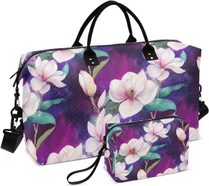 Magnolias Leaves Cosmic Violet Sports Gym Bag for Women Men Travel Duffel Bag Weekend Overnight Carry on Bag with Toiletry Bag Workout Dance Bag for Workout Swimming Yoga Plane Hospital