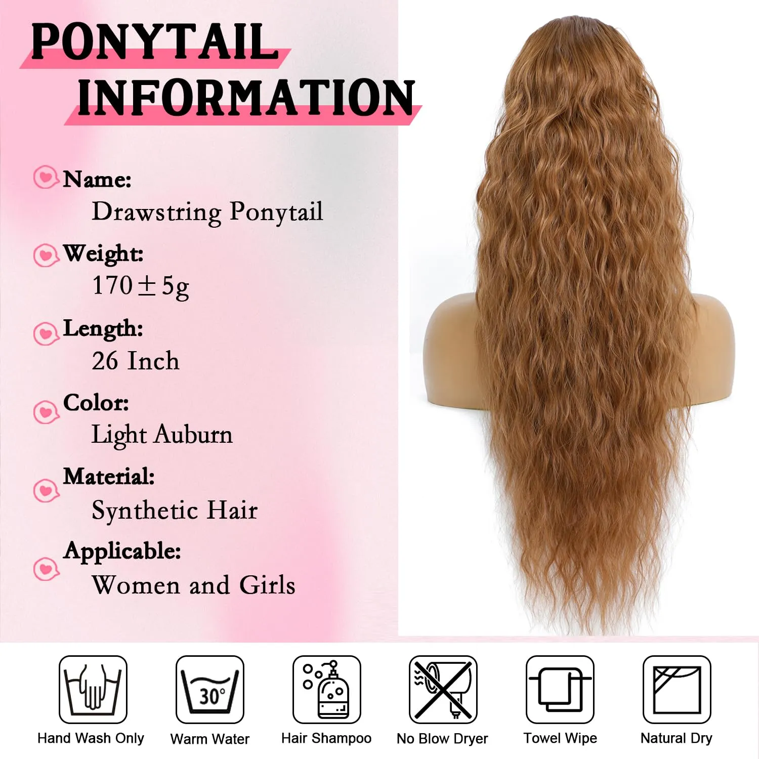 Mairead Ponytail Extension 26 Inch Lony Wavy Drawstring Ponytail Extensions for Women Synthetic Deep Copper for Daily Use, Deep Copper 30H