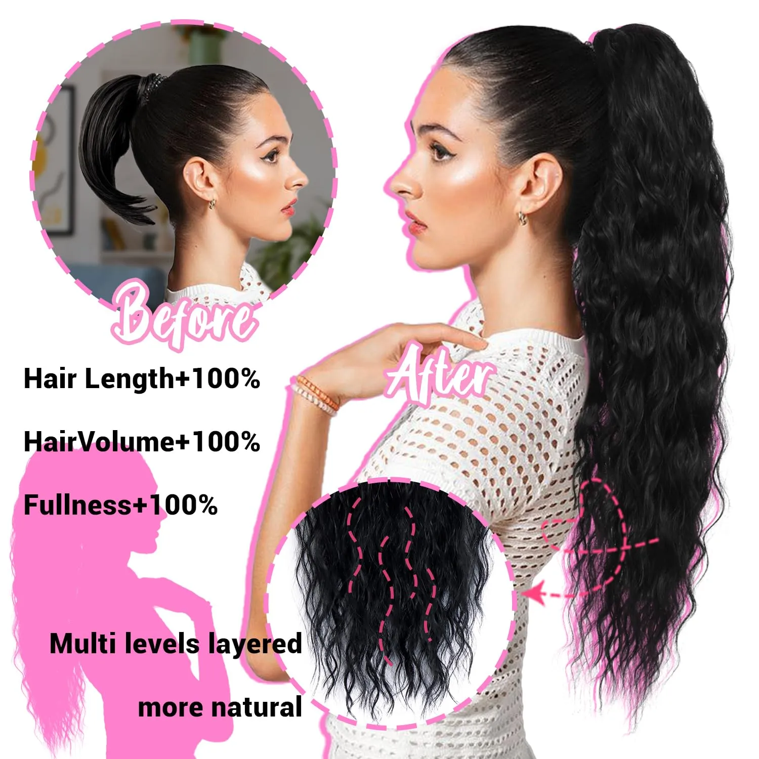 Mairead Ponytail Extension 26 Inch Lony Wavy Drawstring Ponytail Extensions for Women Synthetic Deep Copper for Daily Use, Deep Copper 30H