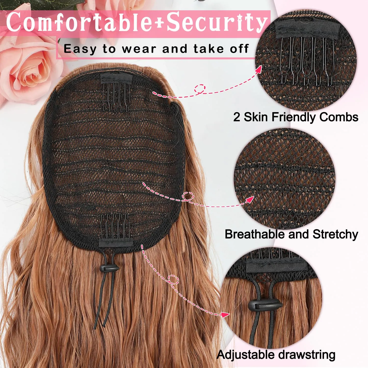 Mairead Ponytail Extension 26 Inch Lony Wavy Drawstring Ponytail Extensions for Women Synthetic Deep Copper for Daily Use, Deep Copper 30H
