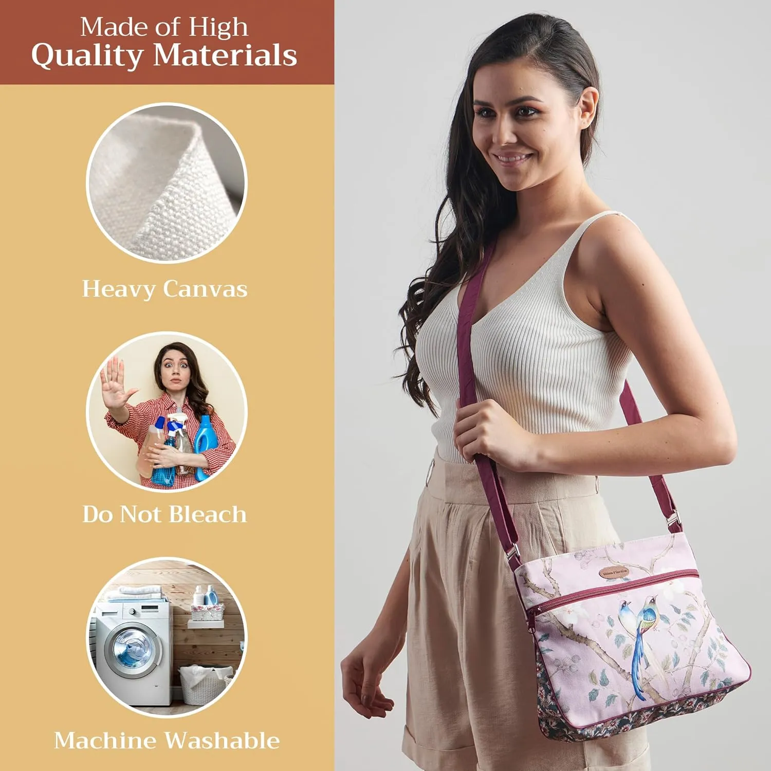 Maison d' Hermine Cross Body Bag Cotton Adjustable Shoulder Strap Hand Bag Tote purse with Zippered & Slip Pockets
