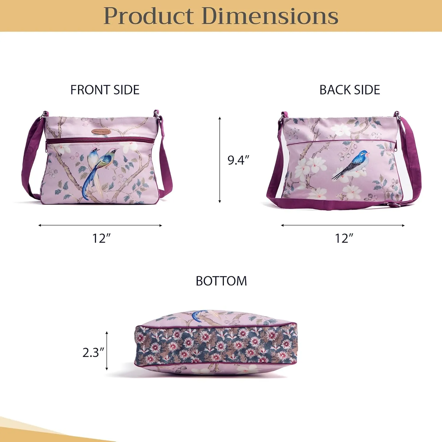 Maison d' Hermine Cross Body Bag Cotton Adjustable Shoulder Strap Hand Bag Tote purse with Zippered & Slip Pockets