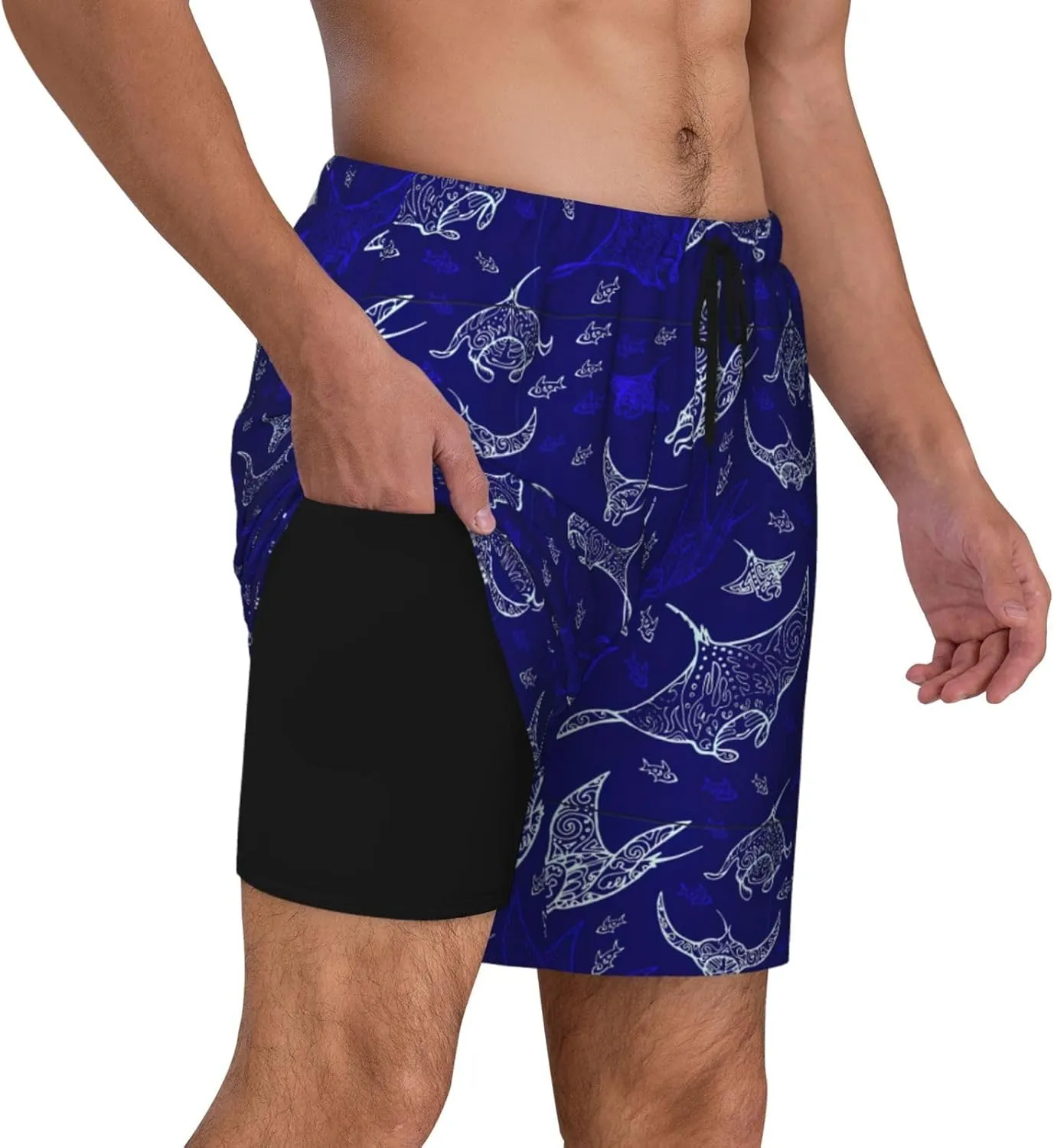 Manta Ray and Fish Print Men's Double Layer Swim Shorts, Gym Workout Shorts with Pocket