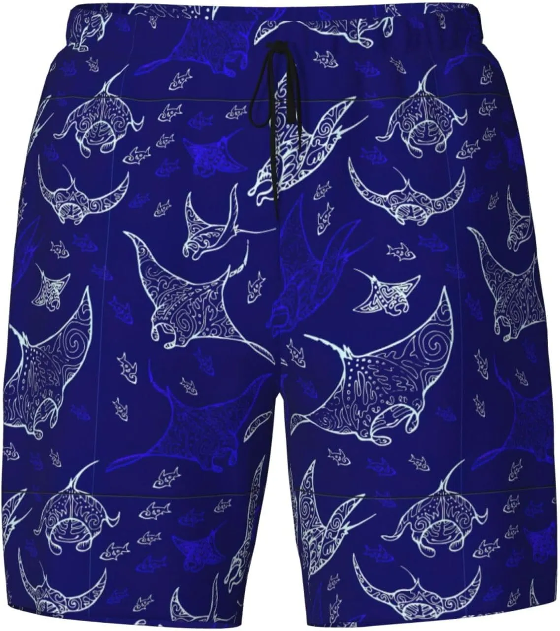 Manta Ray and Fish Print Men's Double Layer Swim Shorts, Gym Workout Shorts with Pocket