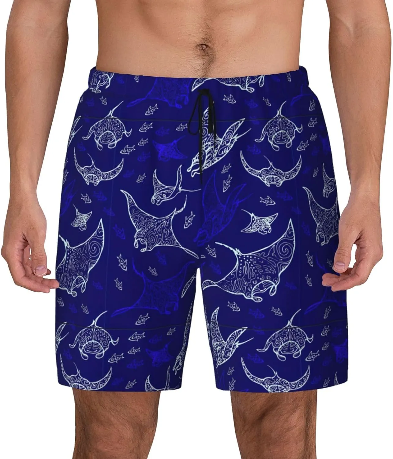 Manta Ray and Fish Print Men's Double Layer Swim Shorts, Gym Workout Shorts with Pocket