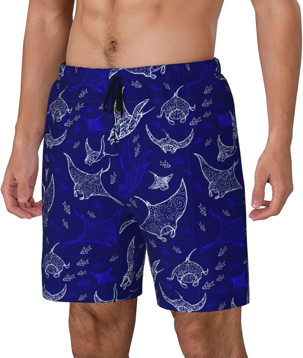 Manta Ray and Fish Print Men's Double Layer Swim Shorts, Gym Workout Shorts with Pocket