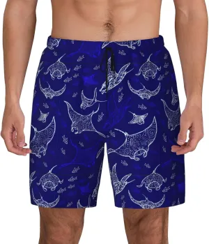 Manta Ray and Fish Print Men's Double Layer Swim Shorts, Gym Workout Shorts with Pocket