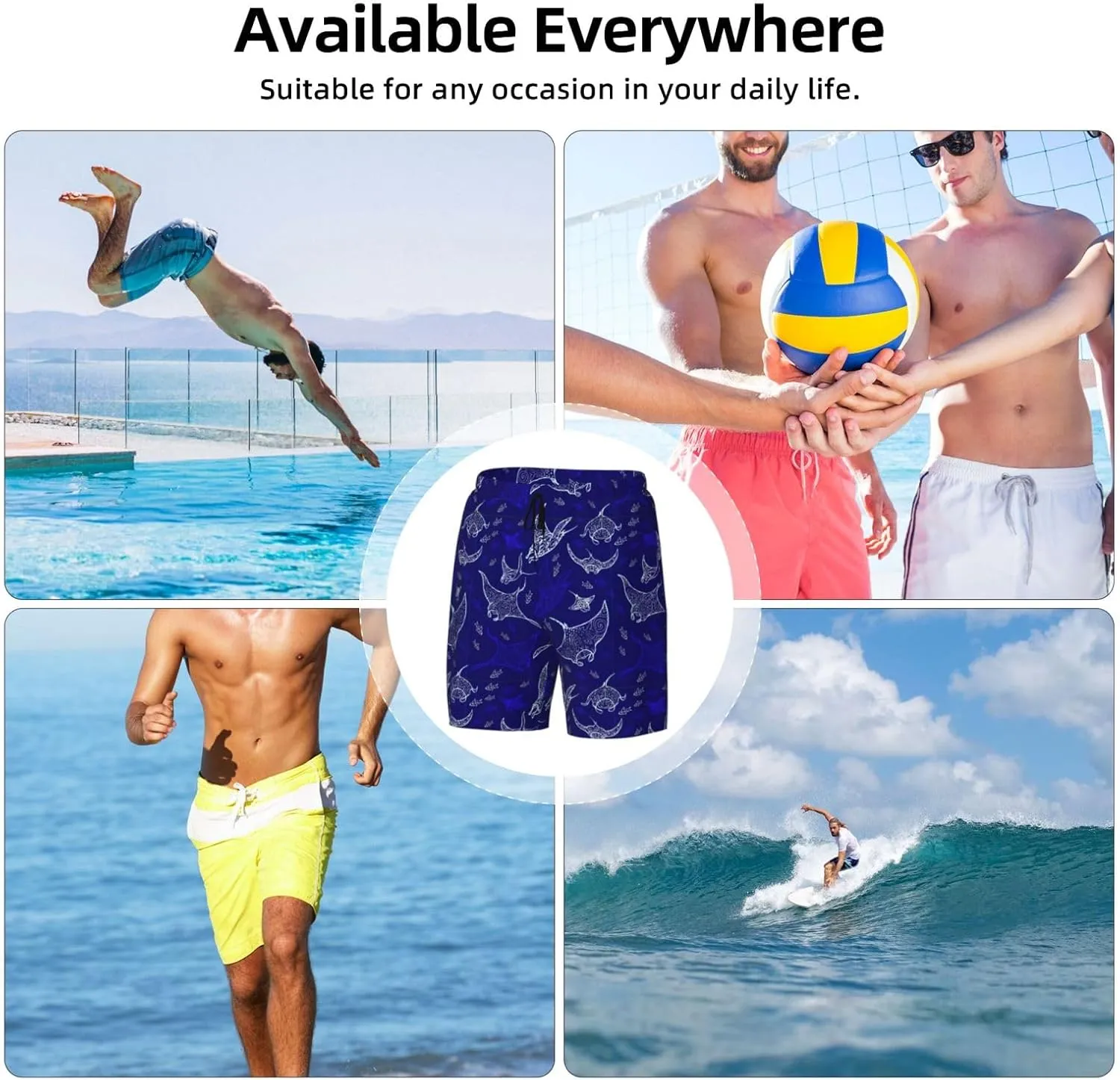 Manta Ray and Fish Print Men's Double Layer Swim Shorts, Gym Workout Shorts with Pocket
