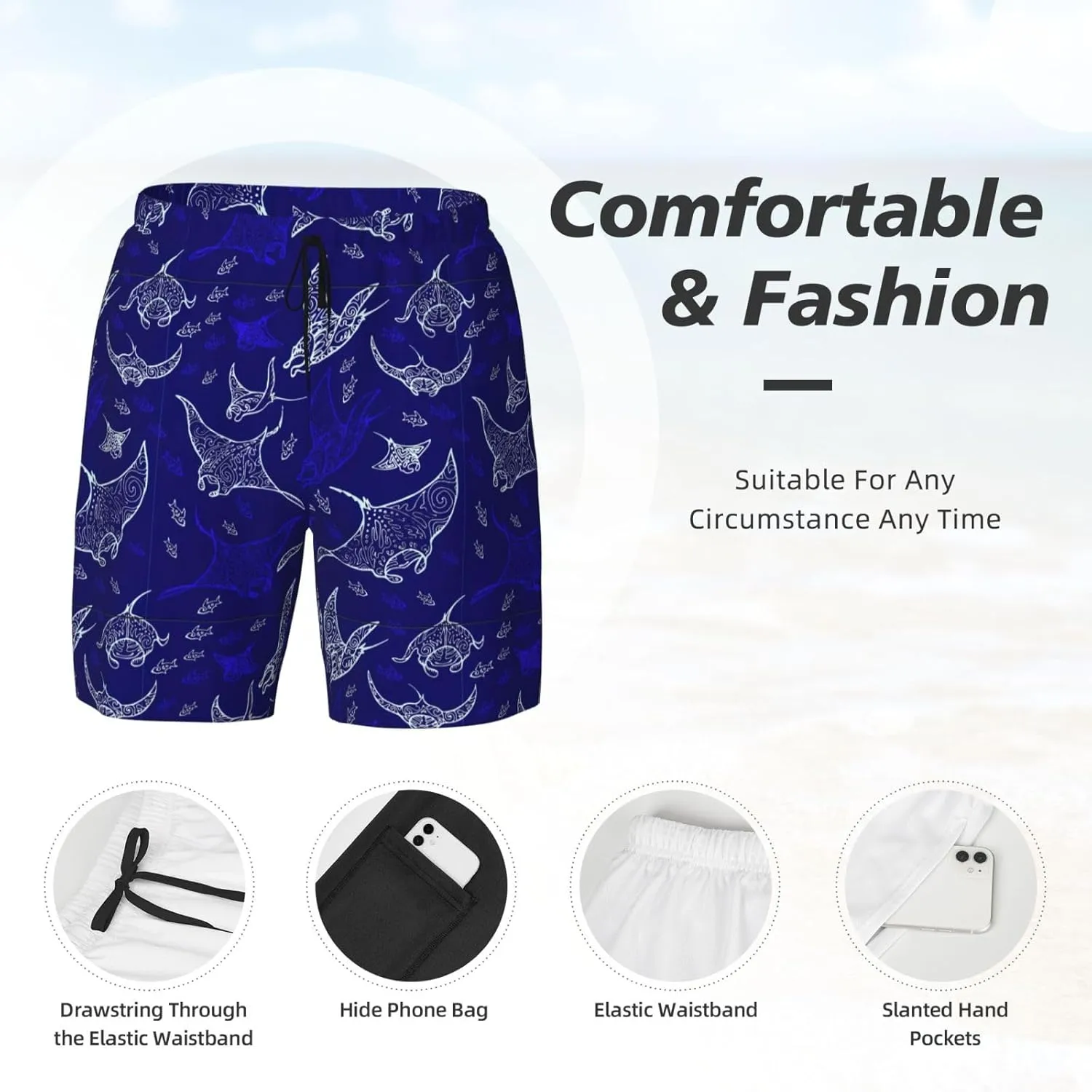 Manta Ray and Fish Print Men's Double Layer Swim Shorts, Gym Workout Shorts with Pocket