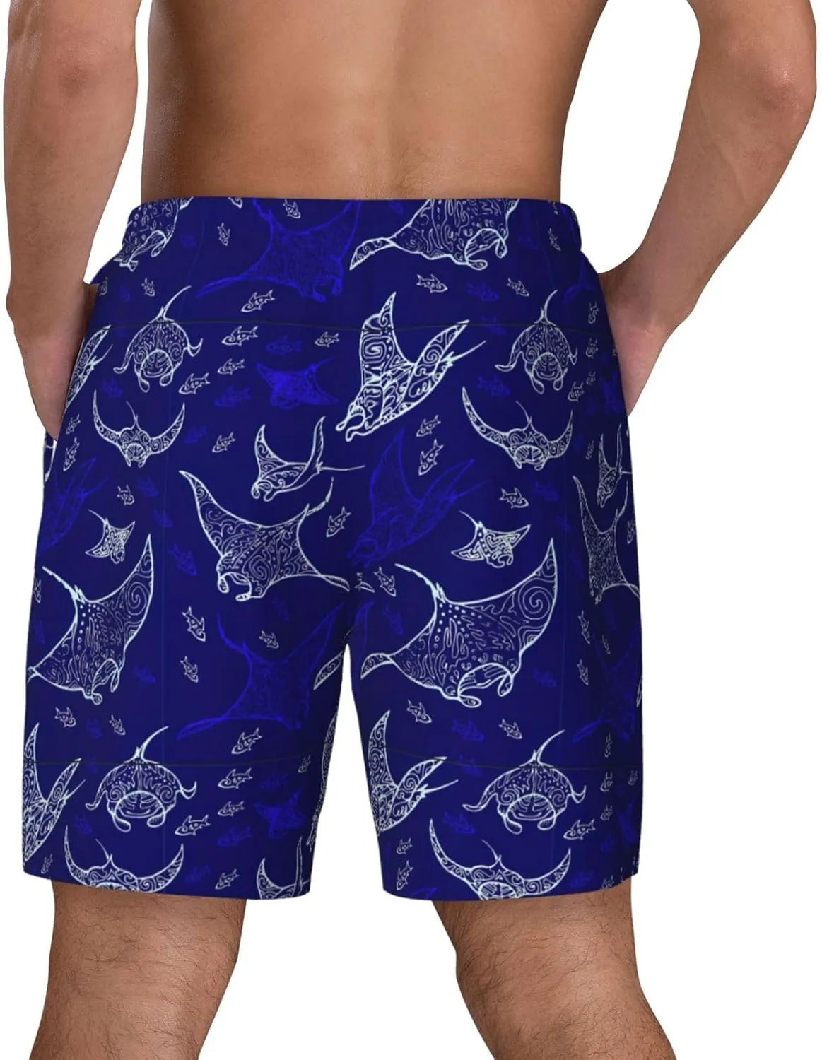 Manta Ray and Fish Print Men's Double Layer Swim Shorts, Gym Workout Shorts with Pocket