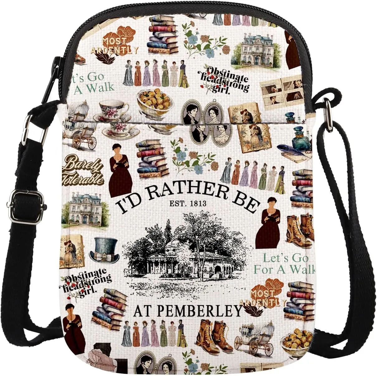 MAOFAED Pemberley House Gift, I'd Rather Be At Pemberley Crossbody Bag, Most Ardently, Obstinate Headstrong Girl