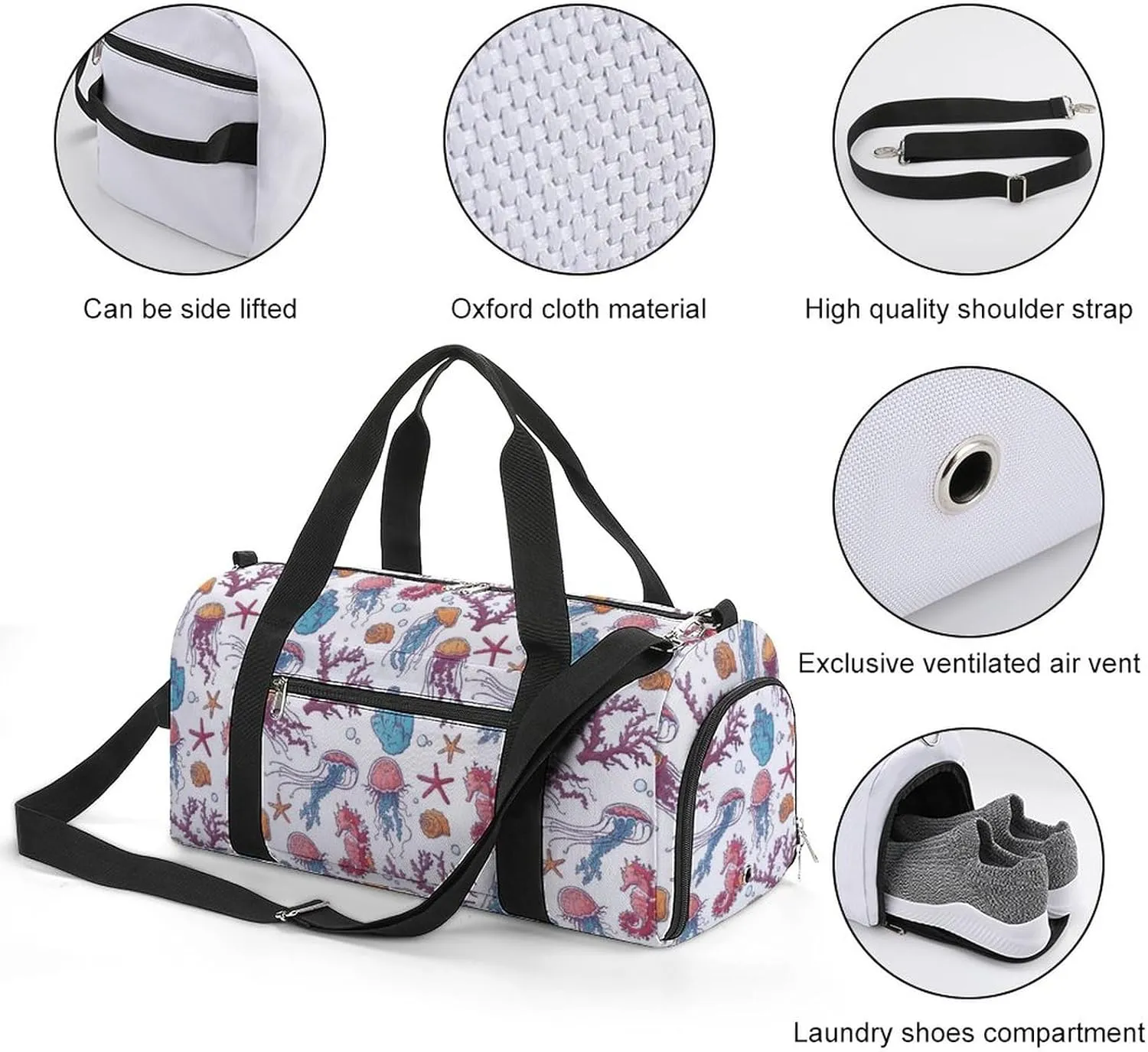 Mariness Life Pattern Jellyfish Sports Tote Gym Bag for Women Men, Overnight Bag with Shoe Compartment Water Resistant