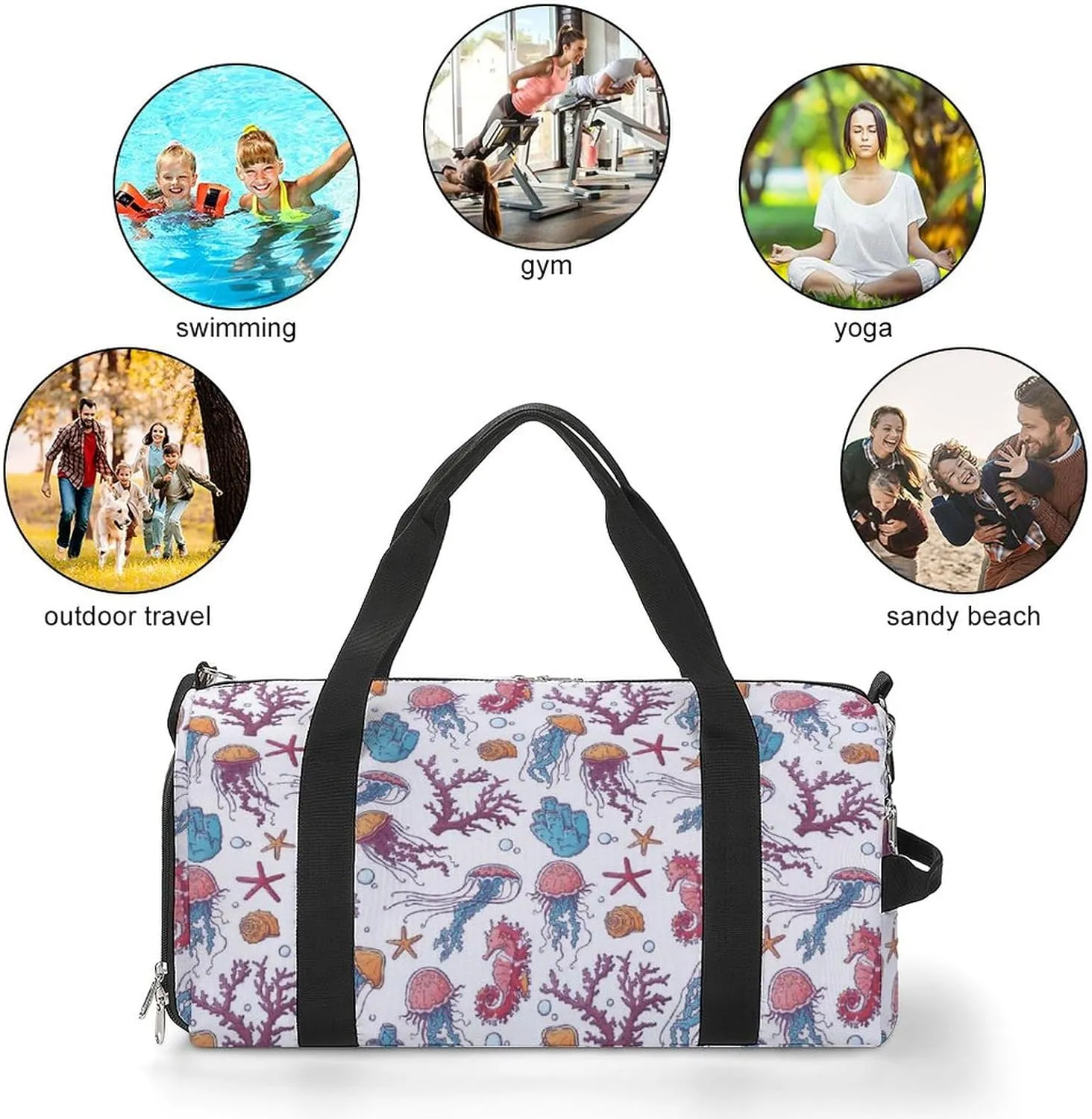 Mariness Life Pattern Jellyfish Sports Tote Gym Bag for Women Men, Overnight Bag with Shoe Compartment Water Resistant