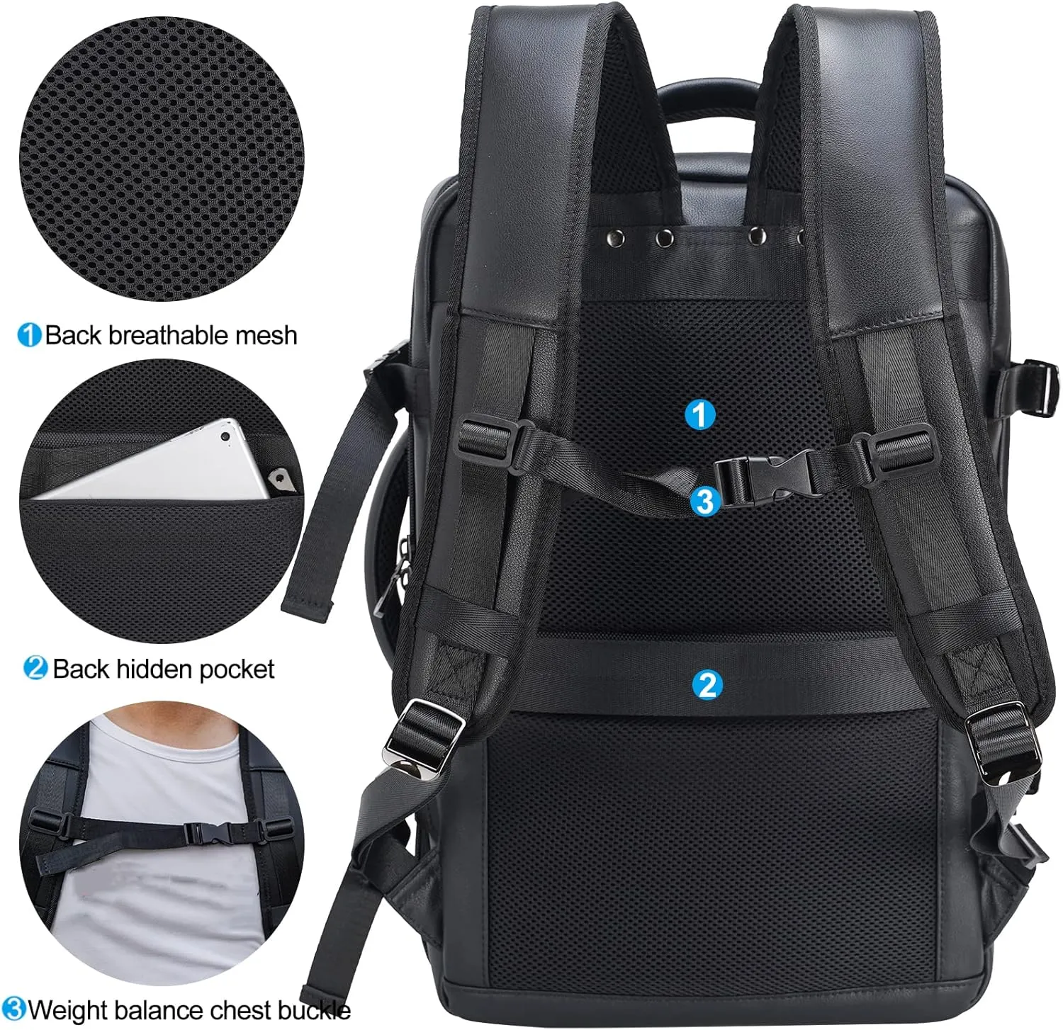 Masa Kawa Leather 15.6 Inch Laptop Backpack for Men Expandable 36L Business Travel Rucksack Daypack Weekender Bag