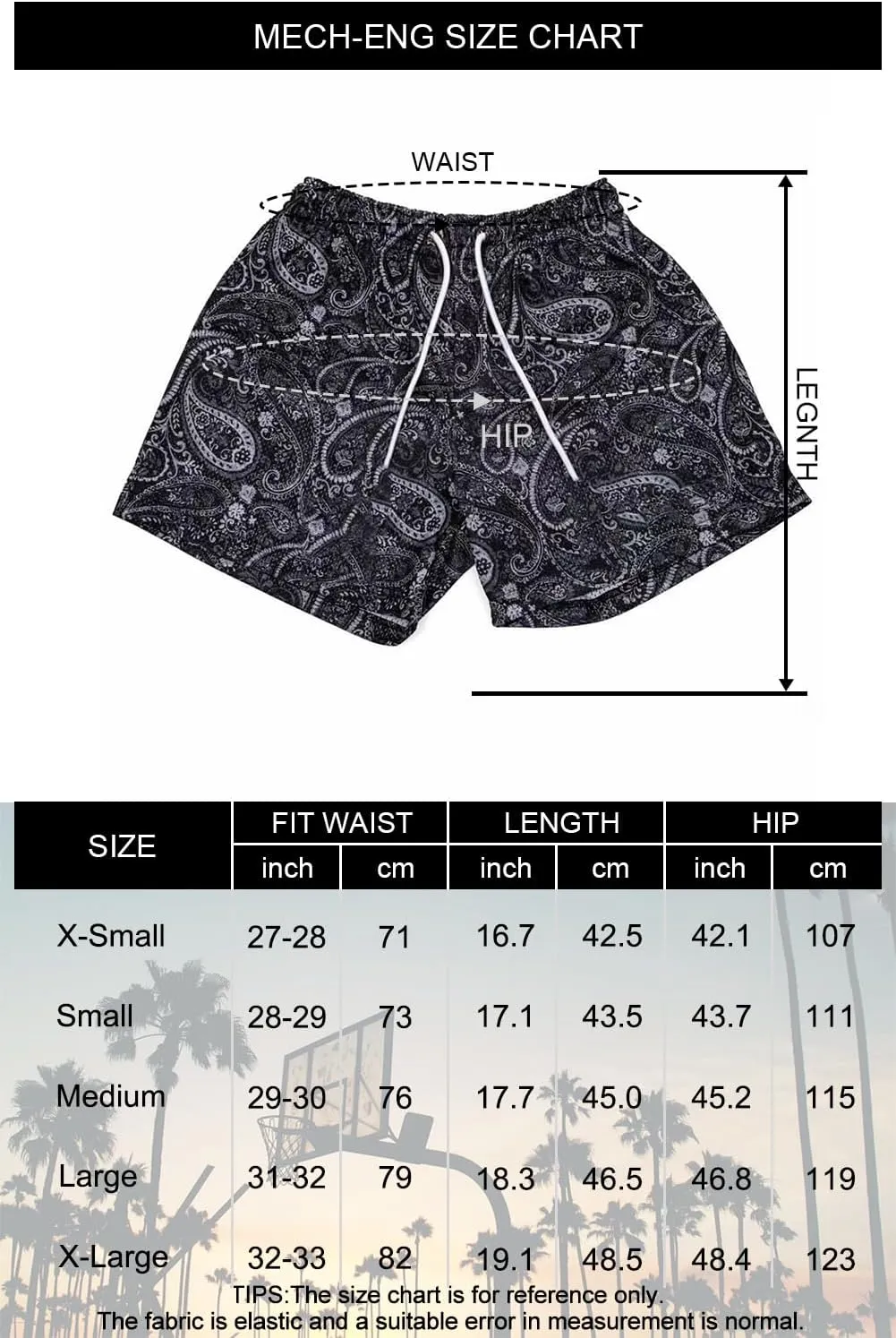 MECH-ENG Men's Paisley Shorts Mesh Graphic Bandana Print Boho Summer Beach Lightweight Drawstring Shorts