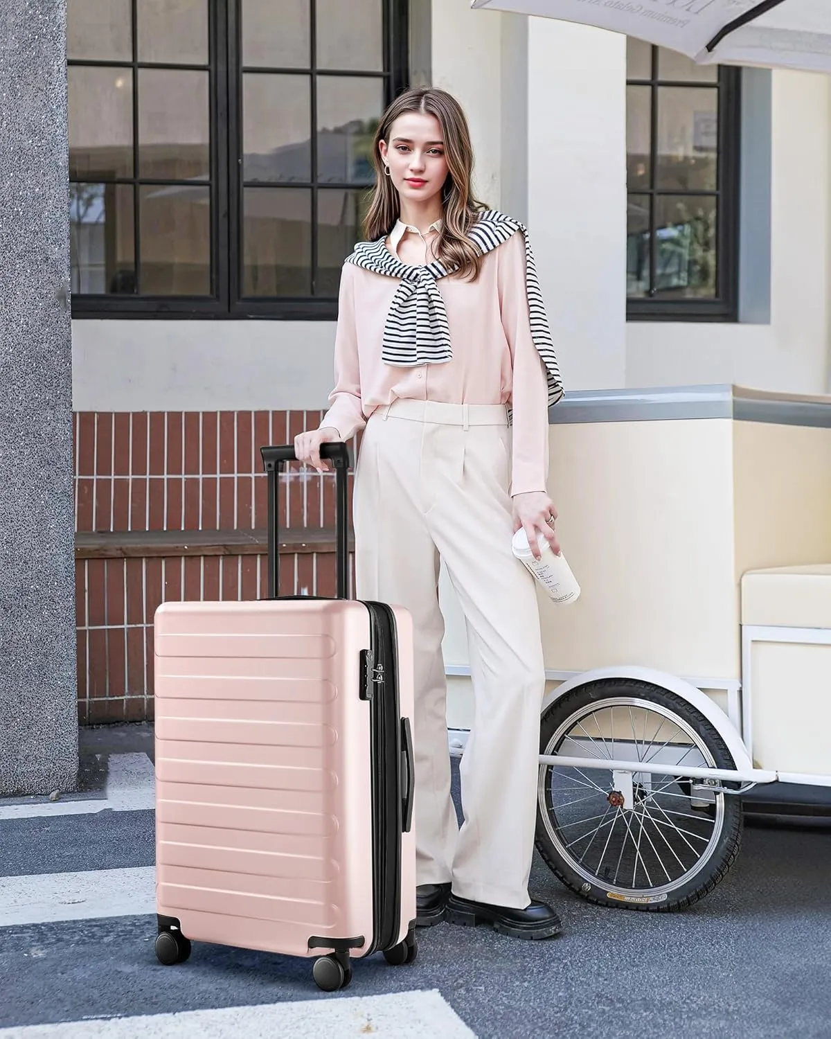 Medium Checked Luggage 24 Inch, Checking In Luggage with Smooth Spinner Wheels, Expandable, Hard Shell PC Suitcase, Lightweight Travel Luggage, TSA Approved (Pink, Rhine Max)