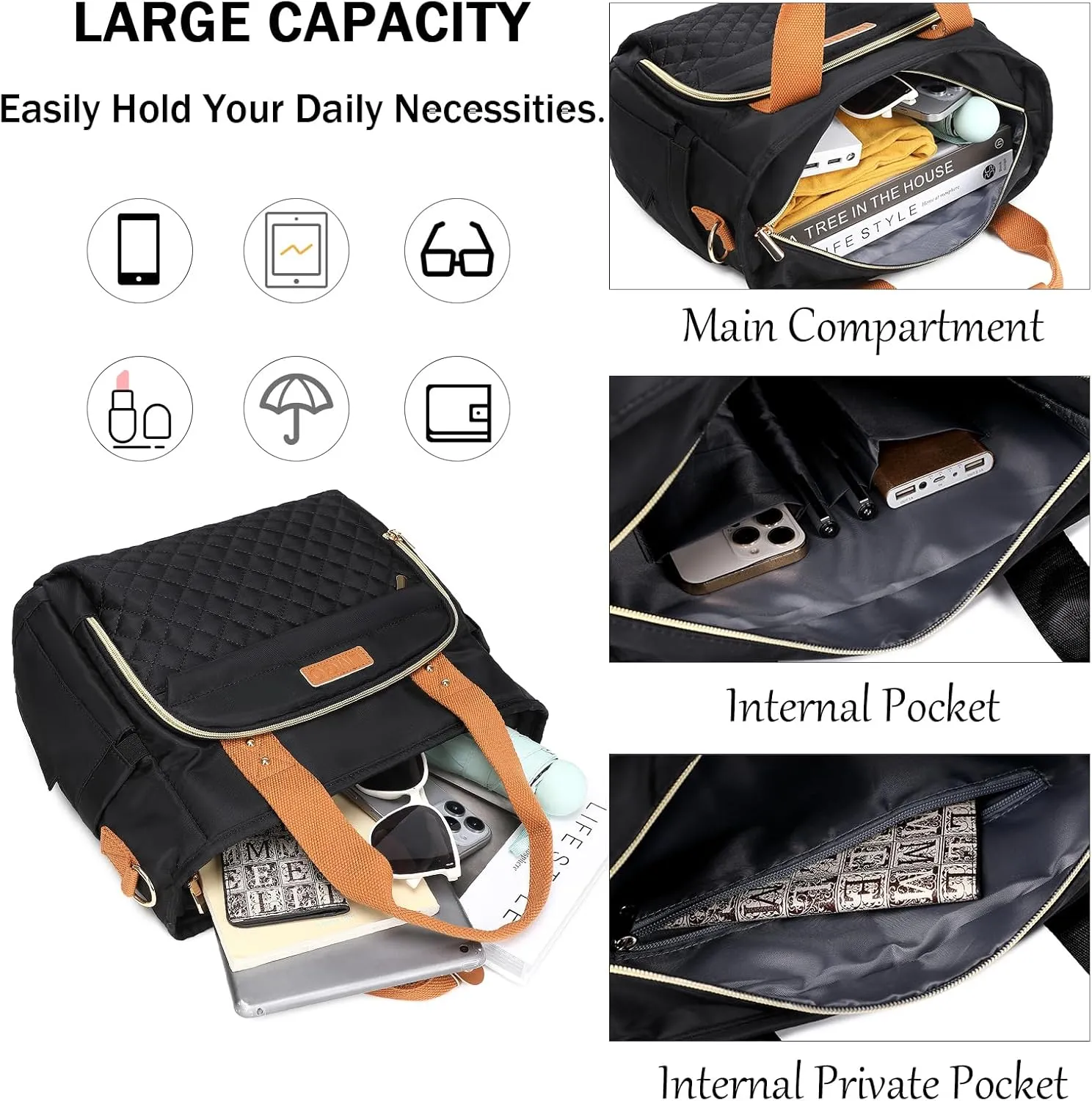 Medium Tote Bag with Multi Pockets for Women, Quilted Top Handle Purse Crossbody Shoulder Bag Handbag
