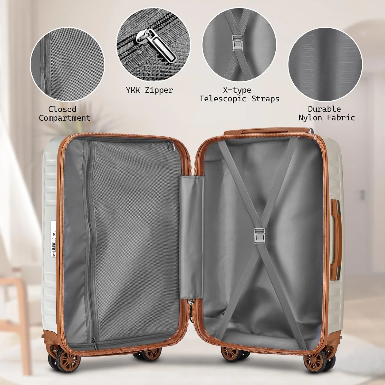 Melalenia Luggage Set 4 Piece Carry On, Hardside Suitcase with TSA Lock and Spinner Wheels, Carry-On Ailline Approved, Beige Brown