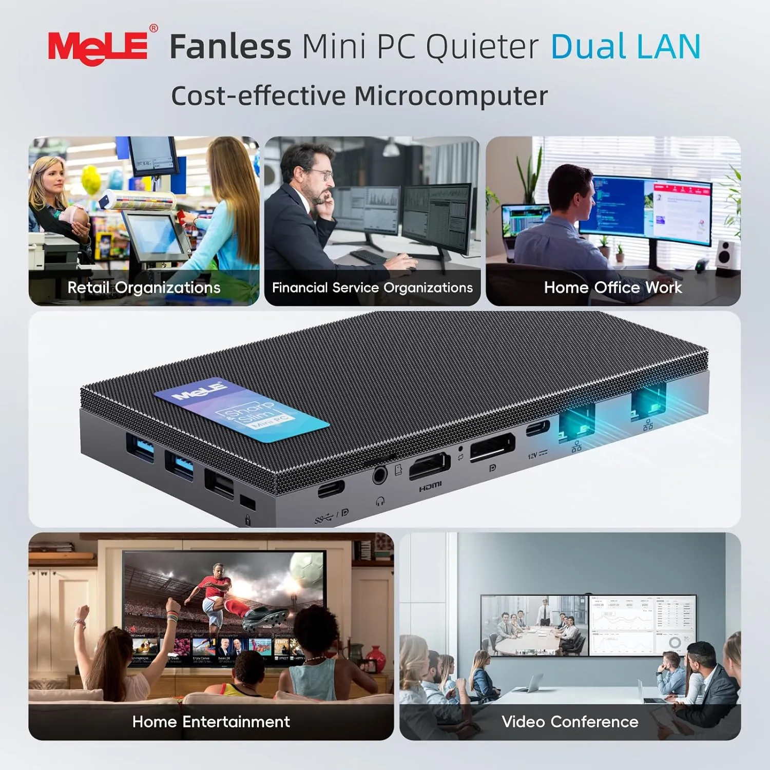 MeLE QuieterDL Mini PC with Windows 11 Home, N100 4GB 128GB, 2.5G Dual LAN,IoT Industrial Desktop Computer Support Win-10 11 Linux Ubuntu Debian 4K Triple Display, Dual HDMI, All-in-One USB-C