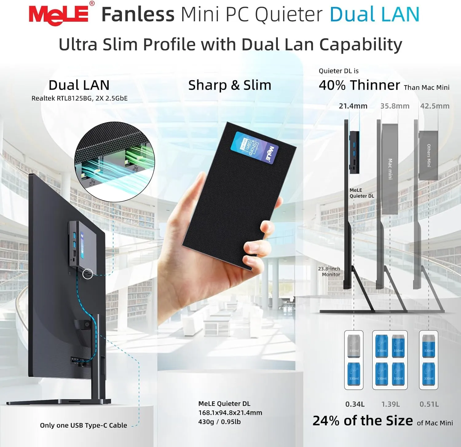 MeLE QuieterDL Mini PC with Windows 11 Home, N100 4GB 128GB, 2.5G Dual LAN,IoT Industrial Desktop Computer Support Win-10 11 Linux Ubuntu Debian 4K Triple Display, Dual HDMI, All-in-One USB-C