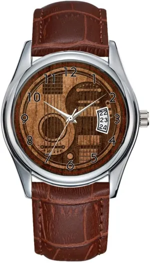 Men Watch Casual Waterproof Quartz Watches Clock Date Classic Business Brown Leather Christmas Wristwatch Acoustic Electric Guitars Yin Yang Wood Effect Watches