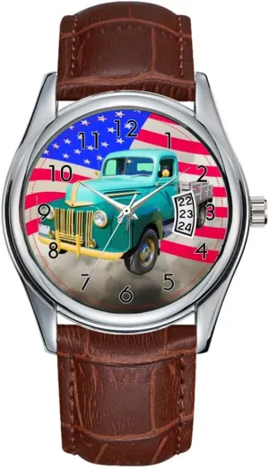 Men Watch Casual Waterproof Quartz Watches Clock Date Classic Business Brown Leather Christmas Wristwatch Old 1940s Ford Work Truck and US Flag Wristwatch