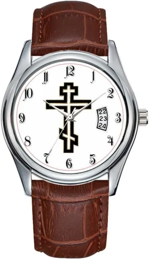 Men Watch Casual Waterproof Quartz Watches Clock Date Classic Business Brown Leather Christmas Wristwatch Russian Orthodox Cross Wrist Watches