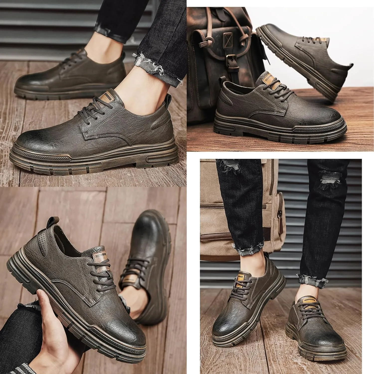 Men's Casual Oxfords Shoes Fashion Round Toe Platform Comfortable Non-Slip Low-Top Lace Up Leather Shoes Business Work Dress Shoes