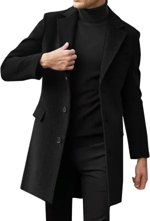 Men's Casual Trench Coat Slim Fit Notched Collar Mid Long Jacket Loose Blend Overcoat Business Warm Winter Coat