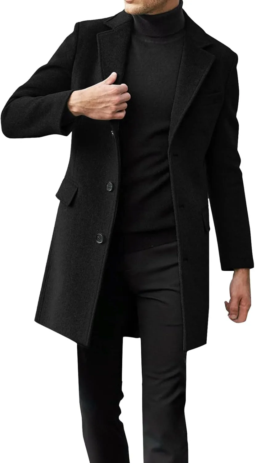 Men's Casual Trench Coat Slim Fit Notched Collar Mid Long Jacket Loose Blend Overcoat Business Warm Winter Coat