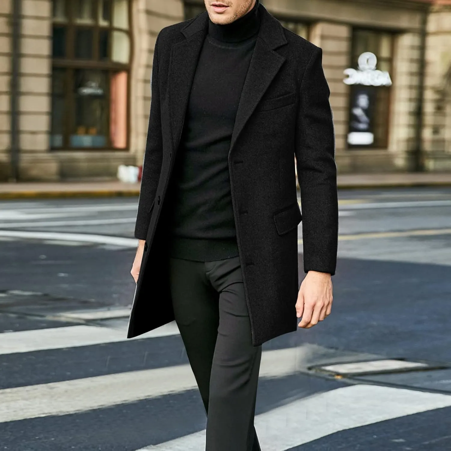 Men's Casual Trench Coat Slim Fit Notched Collar Mid Long Jacket Loose Blend Overcoat Business Warm Winter Coat