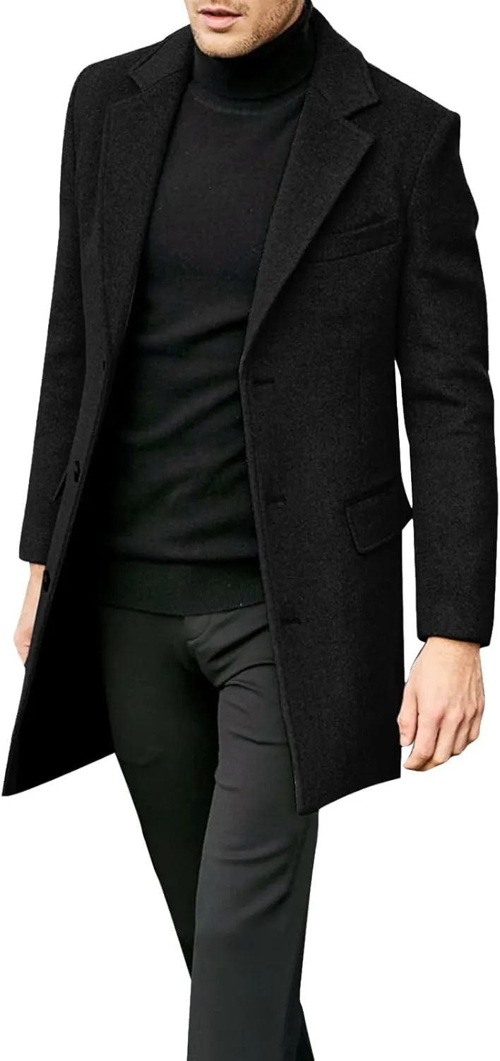 Men's Casual Trench Coat Slim Fit Notched Collar Mid Long Jacket Loose Blend Overcoat Business Warm Winter Coat