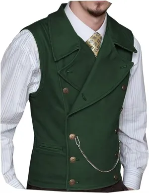 Mens Double Breasted Classic Vests Groomsman Wedding Waistcoat Wide Lapel Suede Leather Casual Business Vest for Men